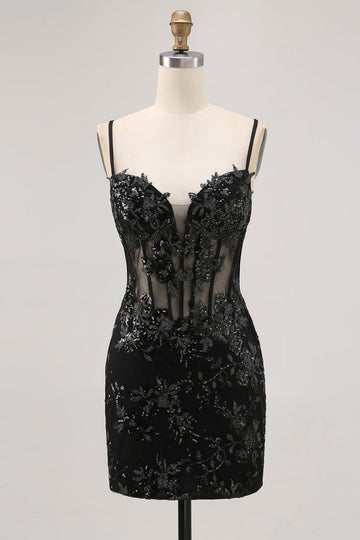 Sparkly Black Corset Tight Spaghetti Straps Short Homecoming Dress with Lace