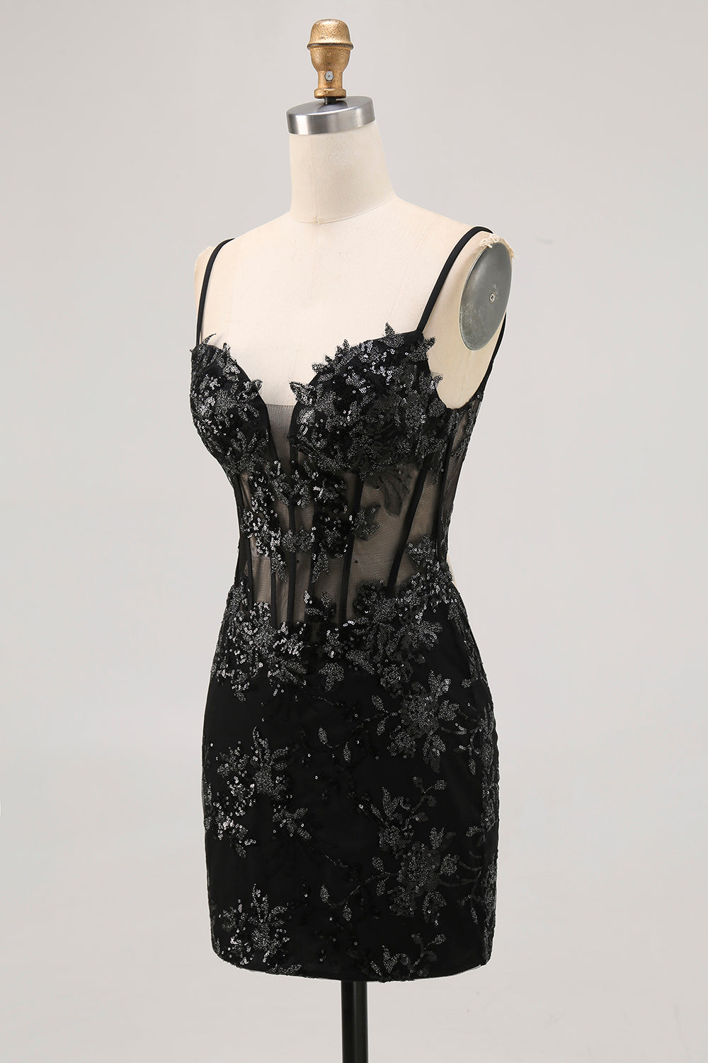Sparkly Black Corset Tight Spaghetti Straps Short Homecoming Dress with Lace