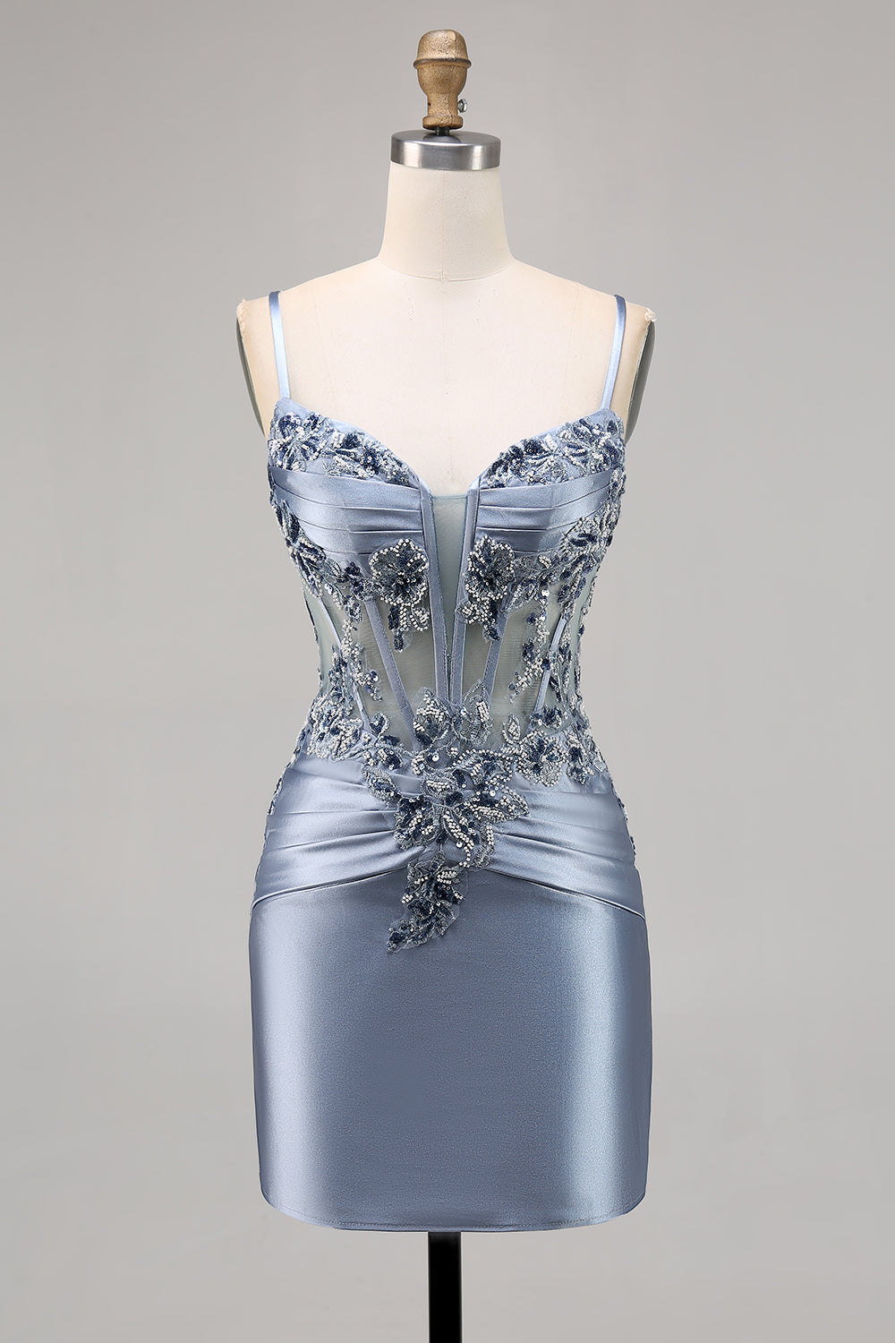Grey Blue Corset Satin Tight Short Homecoming Dress with Appliques