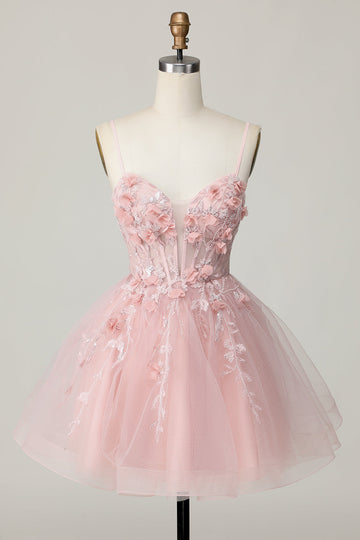 Pink Corset Spaghetti Straps A Line Floral Short Homecoming Dress