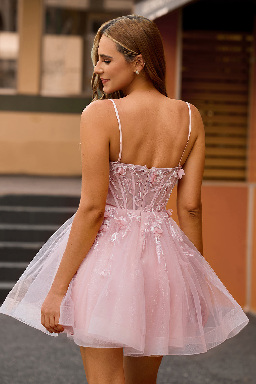Pink Corset Spaghetti Straps A Line Floral Short Homecoming Dress