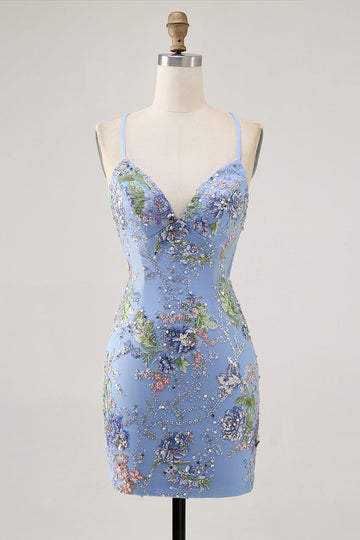Sparkly Blue Floral Tight Beaded Short Homecoming Dress with Sequins