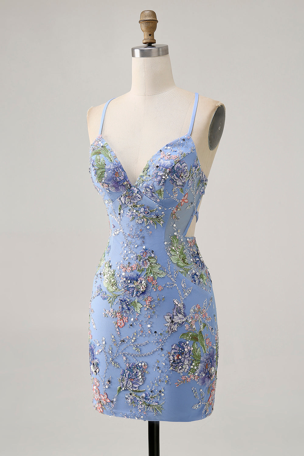 Sparkly Blue Floral Tight Beaded Short Homecoming Dress with Sequins