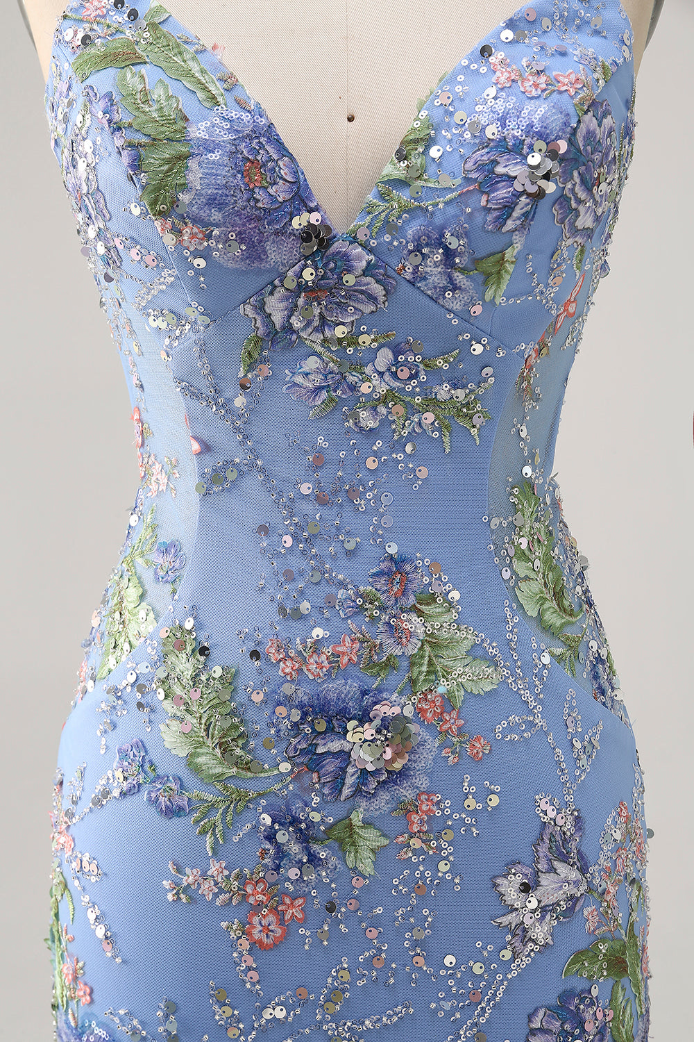 Sparkly Blue Floral Tight Beaded Short Homecoming Dress with Sequins