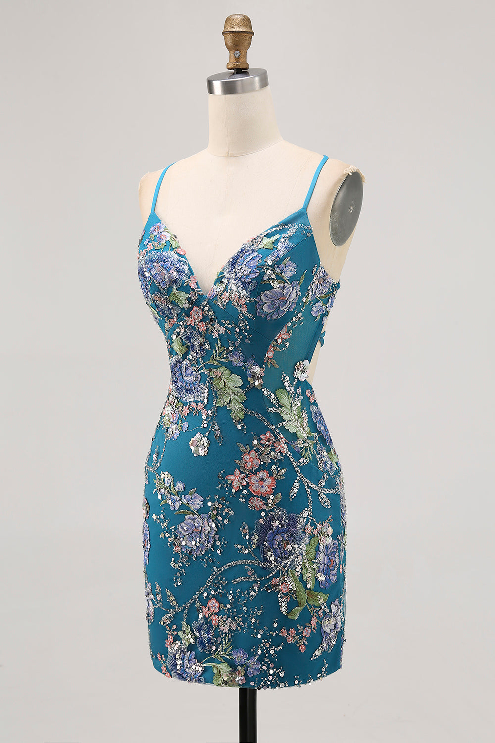 Sparkly Blue Floral Tight Beaded Short Homecoming Dress with Sequins
