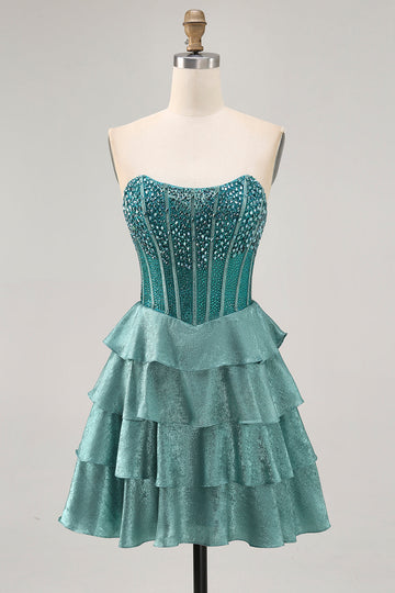 Sparkly Peacock Green Corset Strapless Tiered Short Homecoming Dress
