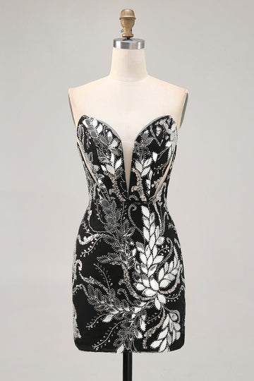 Sparkly Black Strapless Tight Short Mirror Homecoming Dress