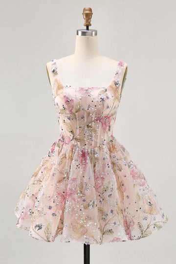 Sparkly Pink Floral Corset Beaded Short Homecoming Dress with Sequins