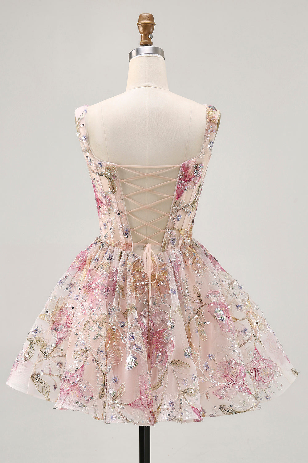 Sparkly Pink Floral Corset Beaded Short Homecoming Dress with Sequins