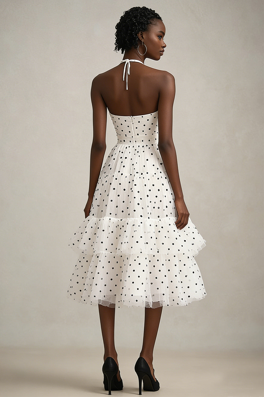 Tiered Black and White A Line Midi Tulle Polka Dot Dress with Ruffles