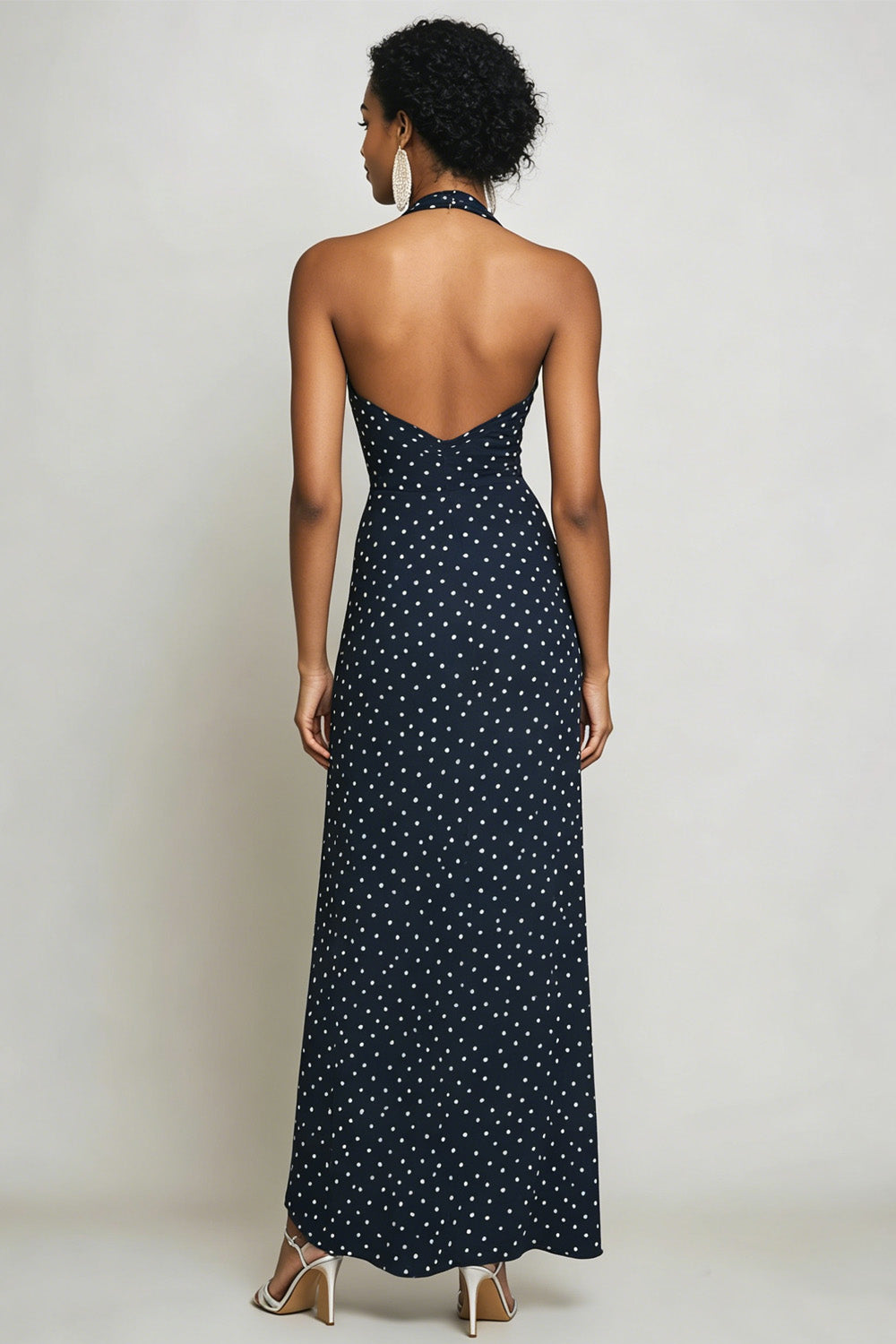 Halter Navy and White Sheath Boho Maxi Chiffon Polka Dot Dress