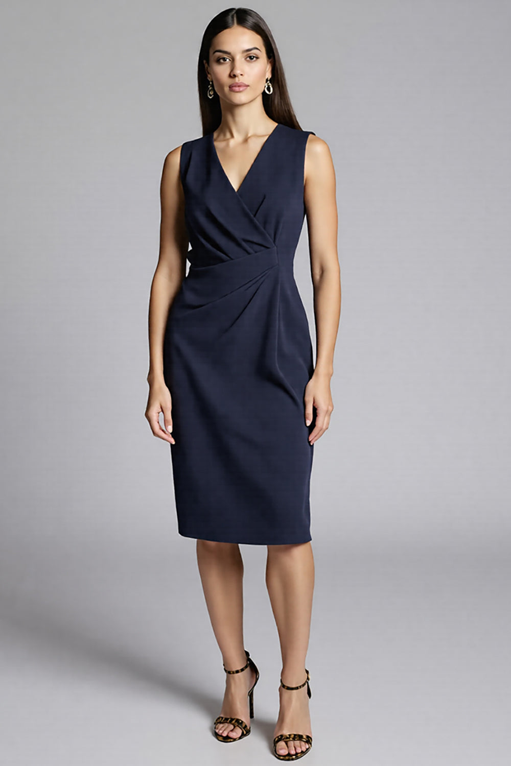 Royal Blue Satin Bodycon V-Neck Midi Work Dress