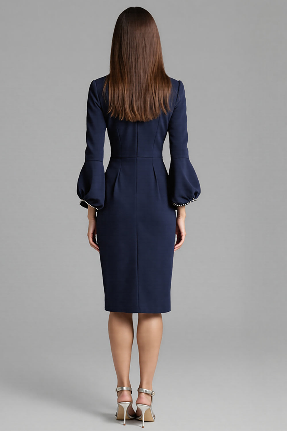 Royal Blue Satin Bodycon Bateau Neck Midi Work Dress with Sleeves