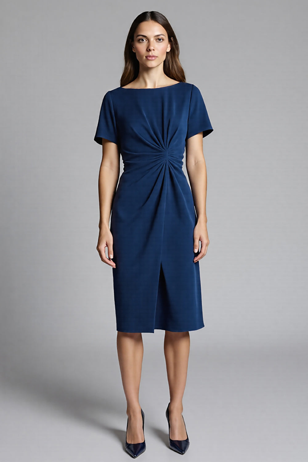 Royal Blue Bateau Neck Bodycon Ruched Midi Satin Work Dress with Sleeves