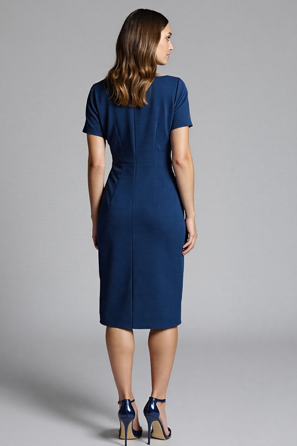 Royal Blue Bateau Neck Bodycon Ruched Midi Satin Work Dress with Sleeves
