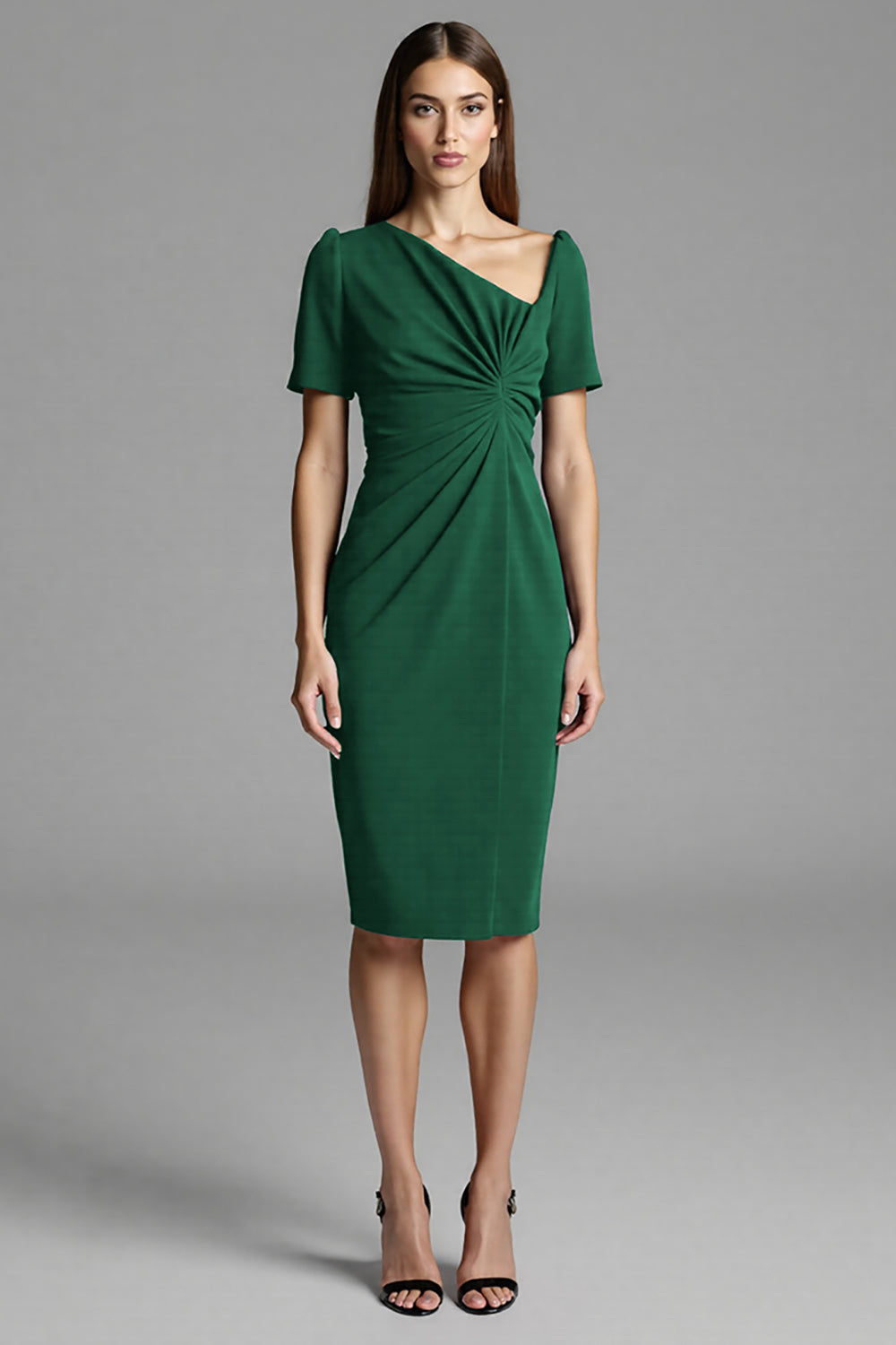 Royal Blue Bodycon Satin Asymmetrical Neck Midi Work Dress with Sleeves