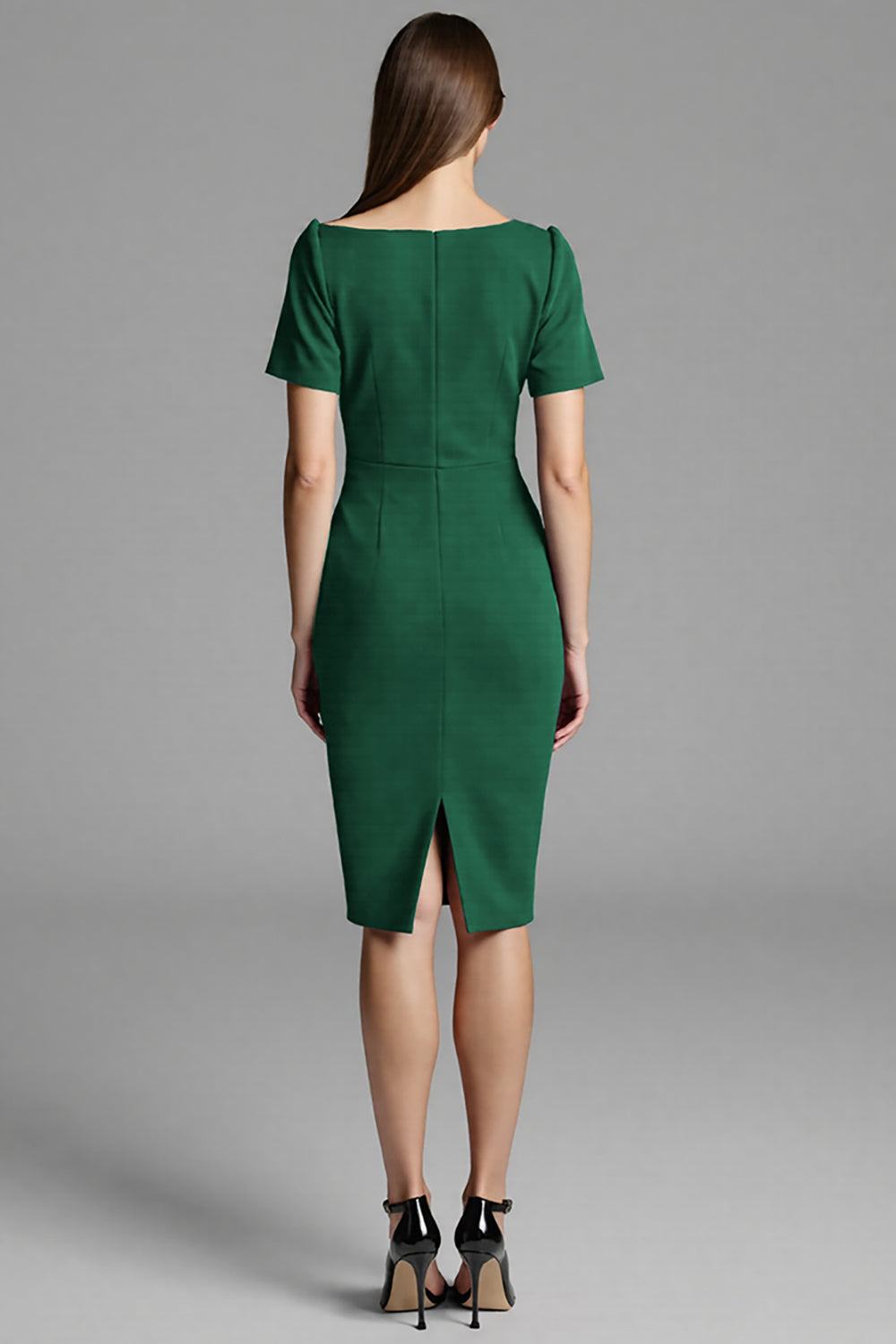 Royal Blue Bodycon Satin Asymmetrical Neck Midi Work Dress with Sleeves