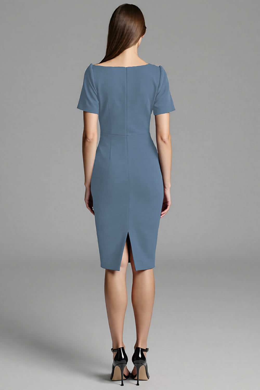 Navy Satin Bodycon Asymmetrical Neck Midi Work Dress with Sleeves