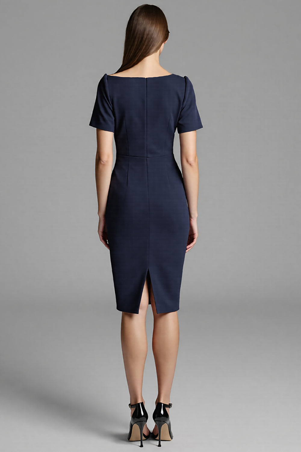 Royal Blue Bodycon Satin Asymmetrical Neck Midi Work Dress with Sleeves