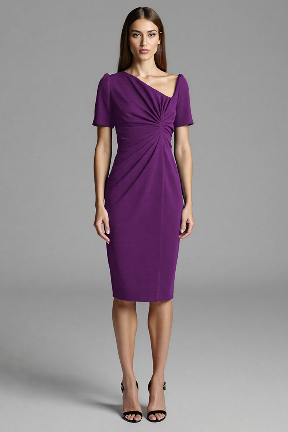 Royal Blue Bodycon Satin Asymmetrical Neck Midi Work Dress with Sleeves