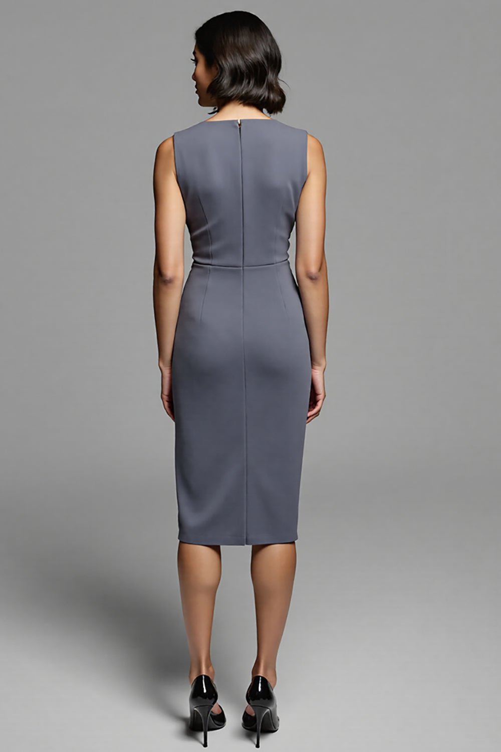 Royal Blue Satin Bodycon Midi Ruched Work Dress with Slit