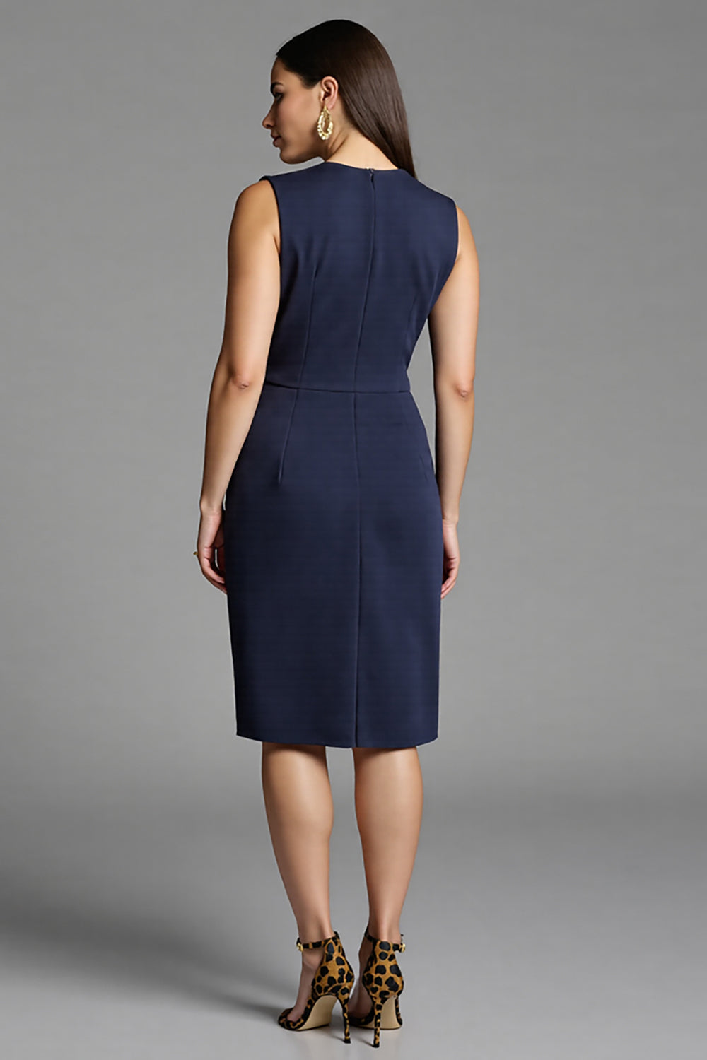 Royal Blue Satin Bodycon Ruched V-Neck Midi Work Dress