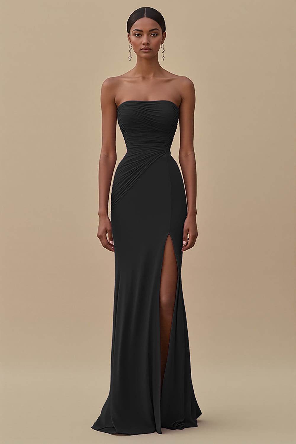 Elegant Black Chiffon Sheath Strapless Ruched Long Formal Dress with Slit