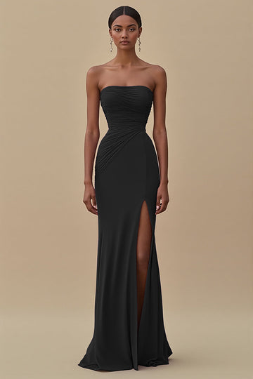 Elegant Black Chiffon Sheath Strapless Ruched Long Formal Dress with Slit
