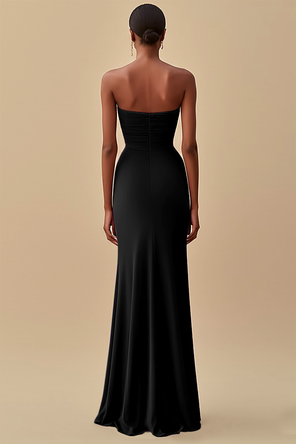 Elegant Black Chiffon Sheath Strapless Ruched Long Formal Dress with Slit
