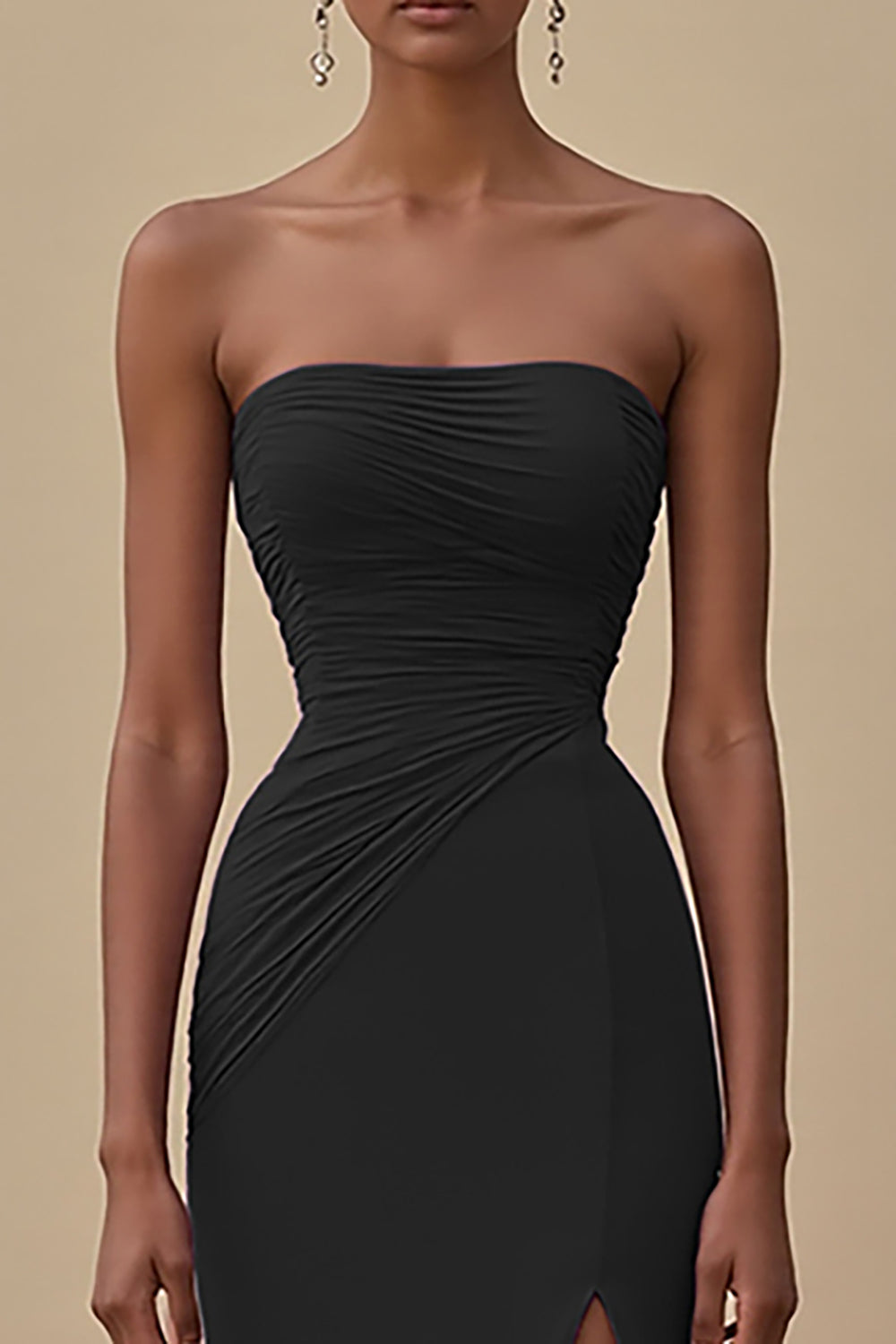 Elegant Black Chiffon Sheath Strapless Ruched Long Formal Dress with Slit