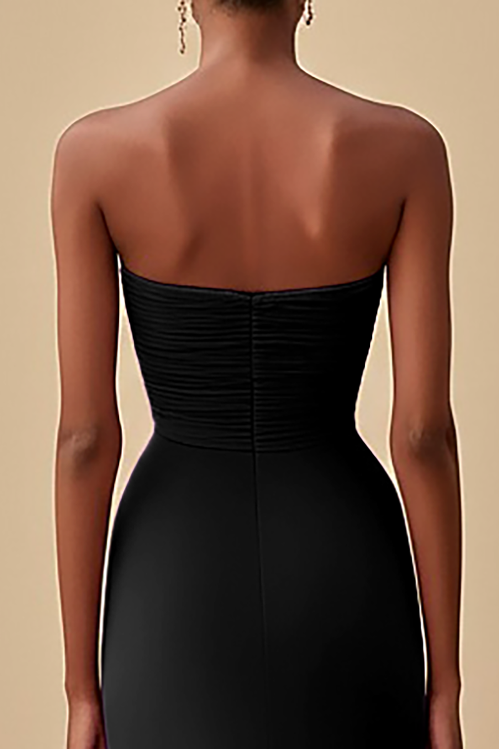 Elegant Black Chiffon Sheath Strapless Ruched Long Formal Dress with Slit