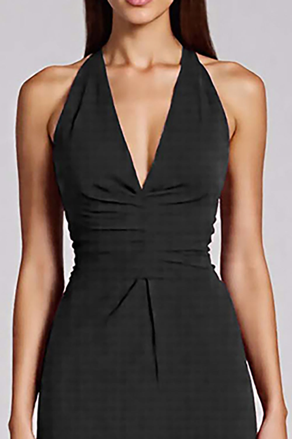 Black Satin Bodycon Halter Backless Midi Cocktail Dress