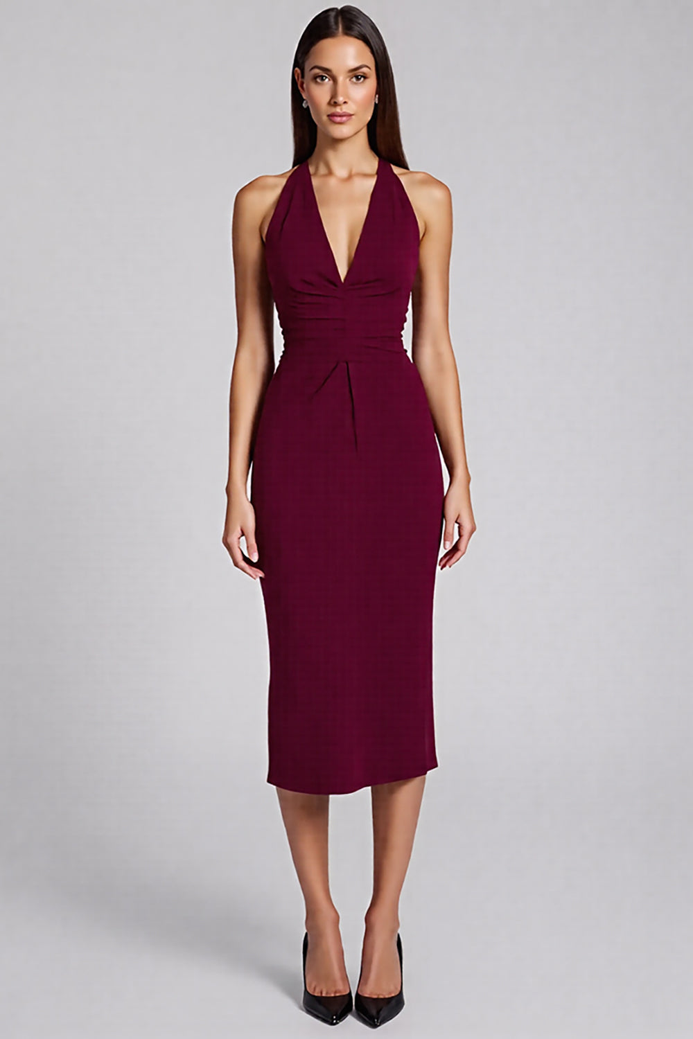 Black Satin Bodycon Halter Backless Midi Cocktail Dress