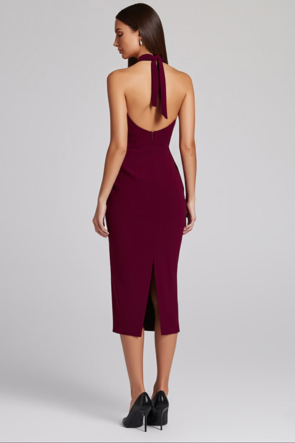Black Satin Bodycon Halter Backless Midi Cocktail Dress