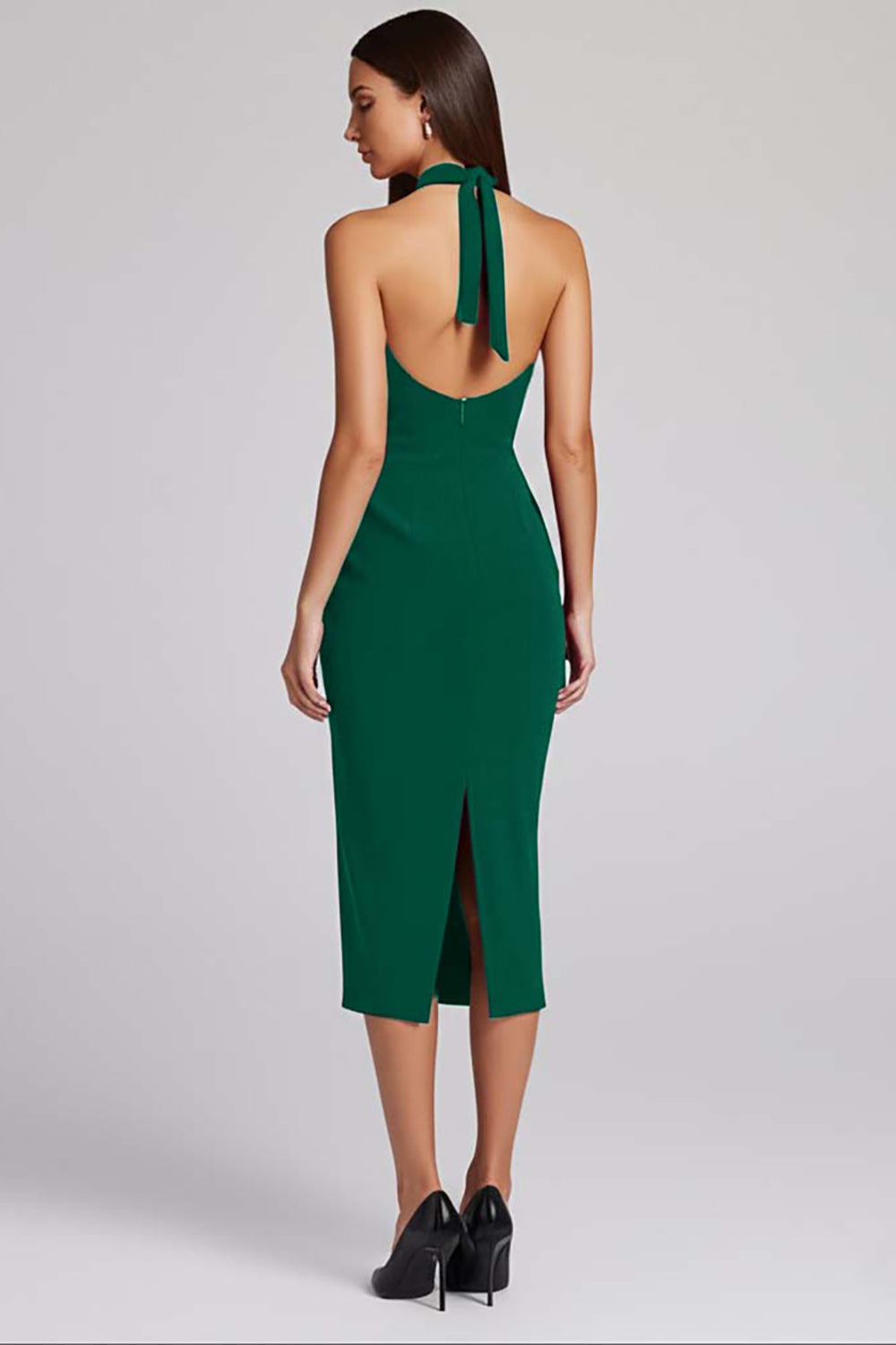 Black Satin Bodycon Halter Backless Midi Cocktail Dress