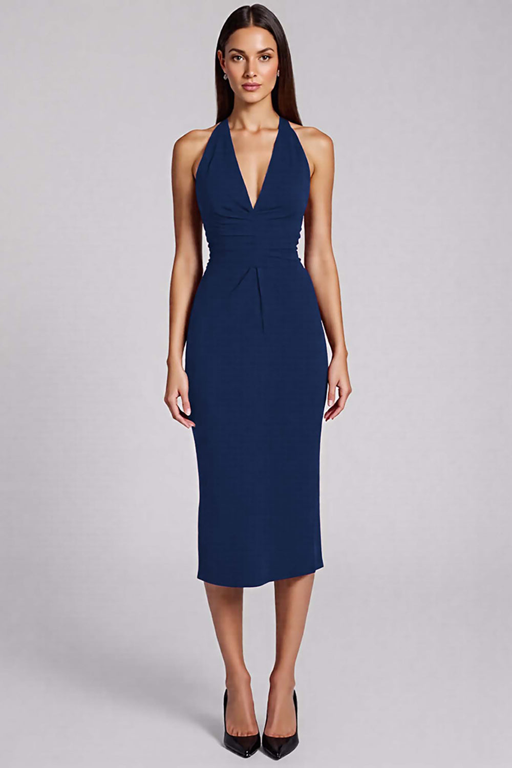 Black Satin Bodycon Halter Backless Midi Cocktail Dress