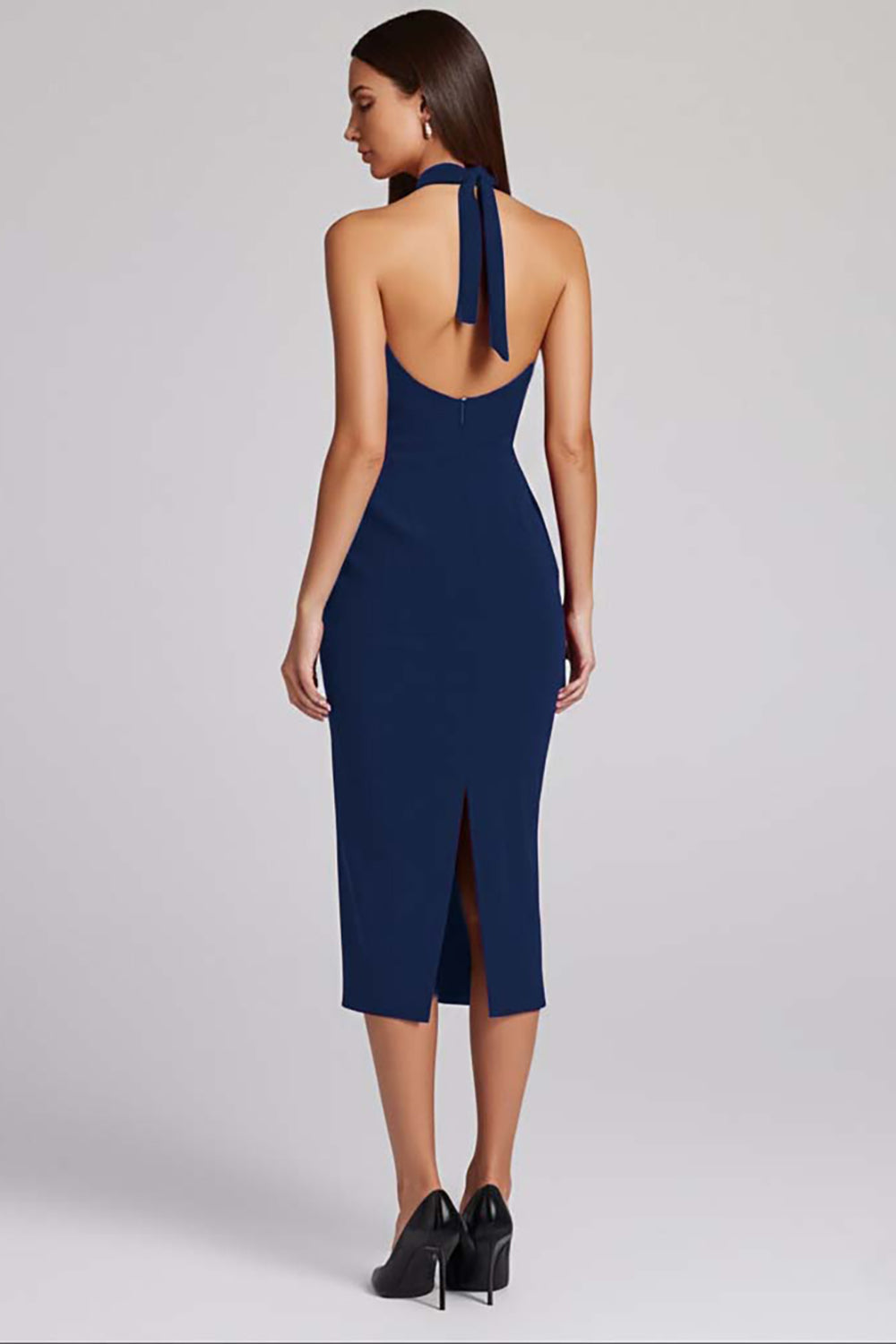 Black Satin Bodycon Halter Backless Midi Cocktail Dress