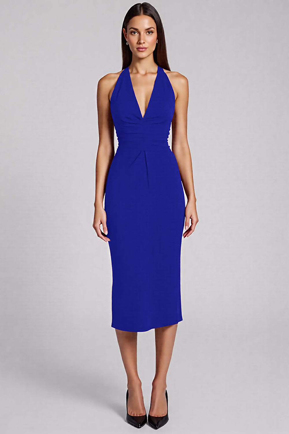 Black Satin Bodycon Halter Backless Midi Cocktail Dress