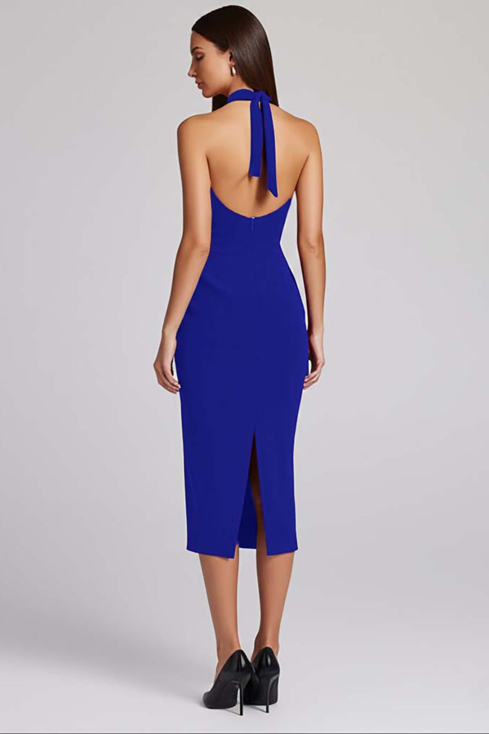 Black Satin Bodycon Halter Backless Midi Cocktail Dress