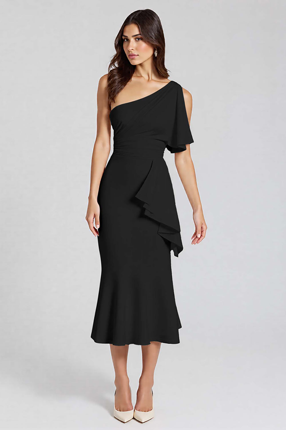 Dusty Blue One Shoulder Satin Midi Cocktail Dress with Ruffles