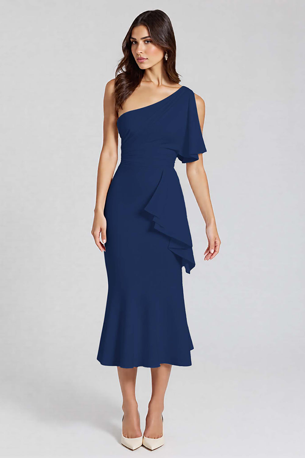 Dusty Blue One Shoulder Satin Midi Cocktail Dress with Ruffles