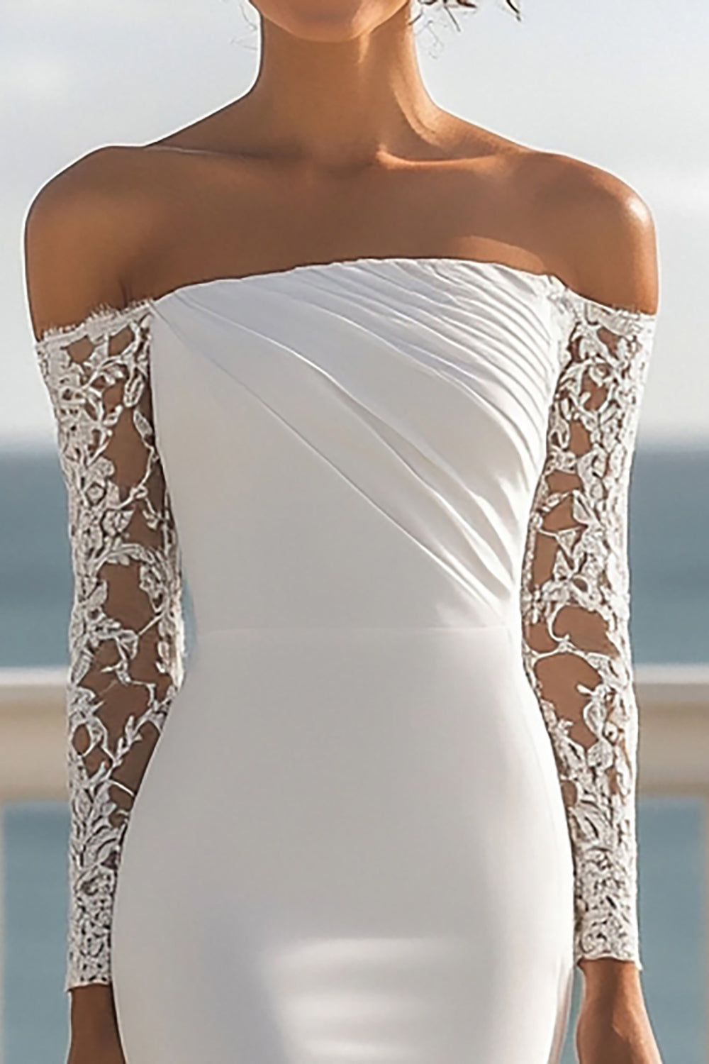 Chiffon Ivory Mermaid Maxi Rehearsal Dinner Dress with Sleeves