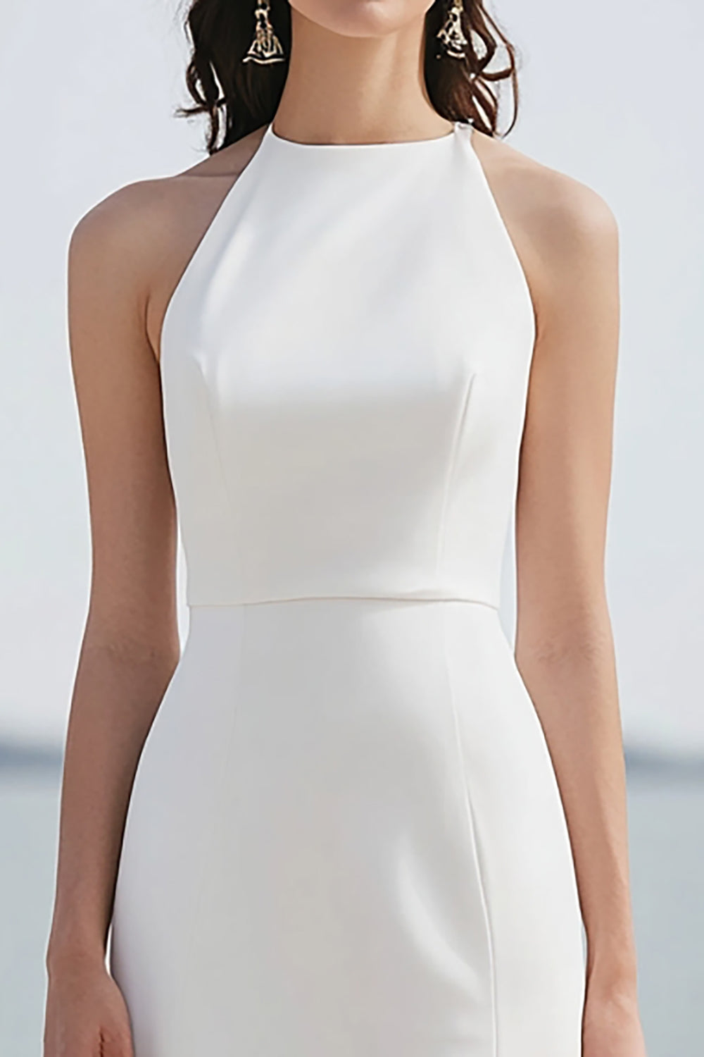 Satin Sheath Halter Ivory Maxi Rehearsal Dinner Dress with Slit
