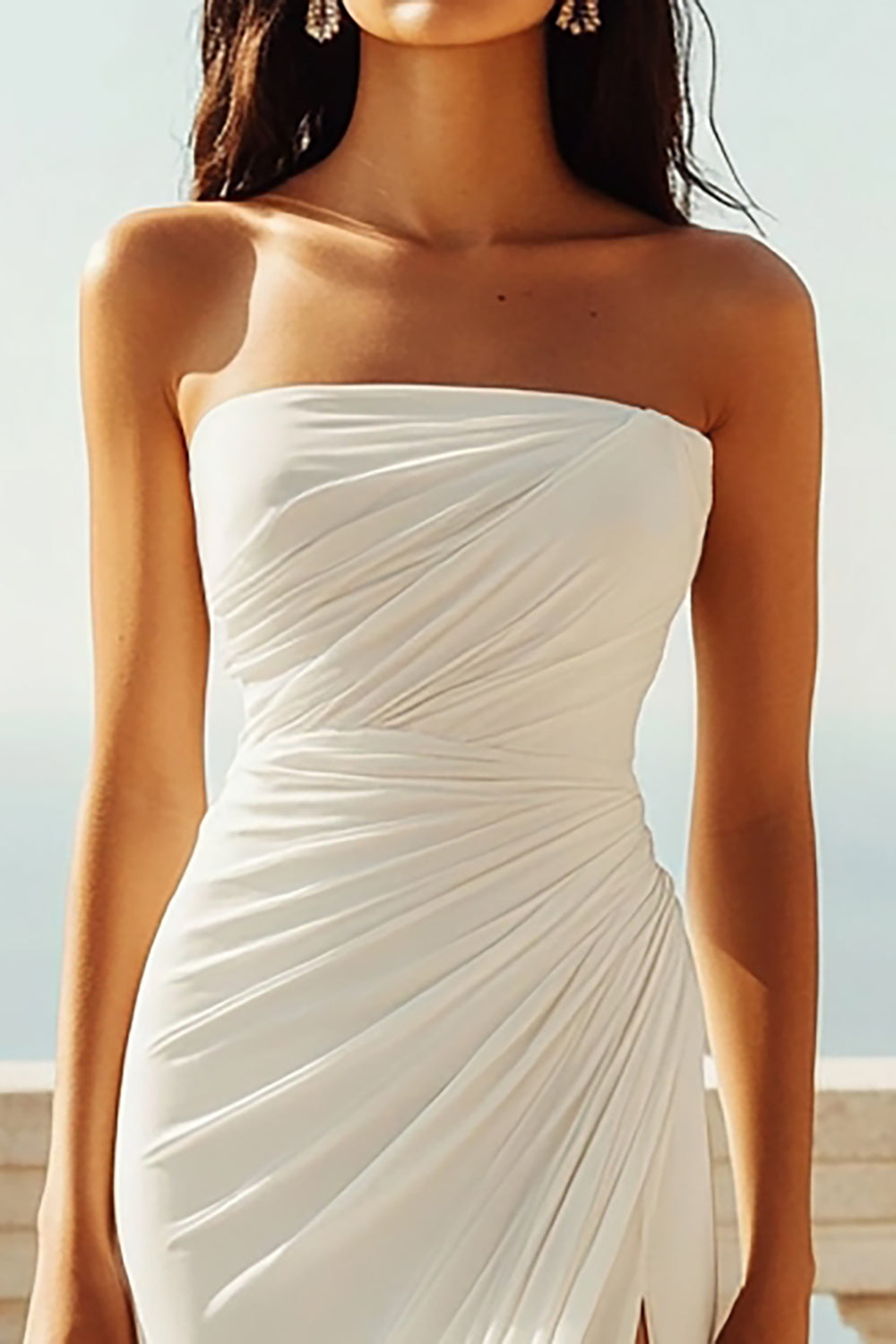 Strapless Ivory Chiffon Mermaid Ruched Maxi Engagement Dress