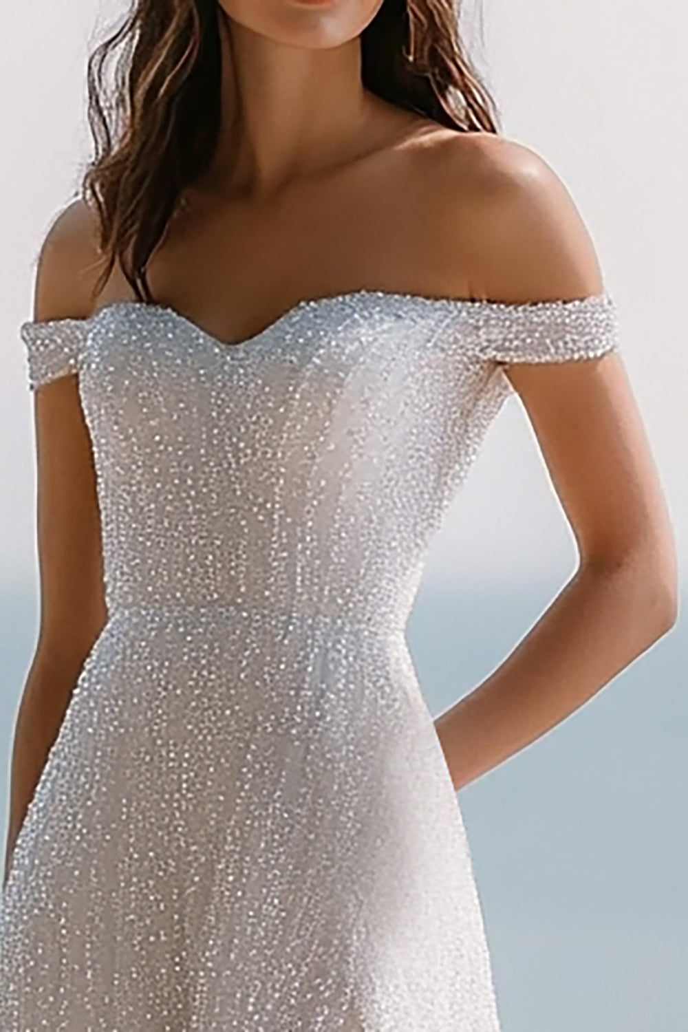 Sparkly Ivory Sequin A Line Maxi Wedding Reception Dress with Slit