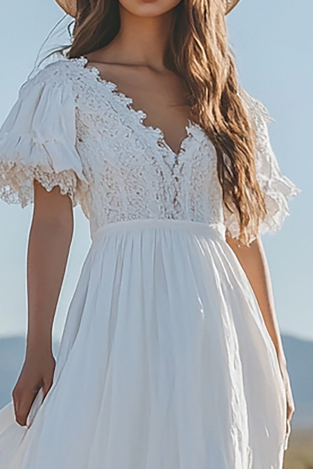 Ivory Short Sleeves Boho Maxi Western Wedding Dress with Lace