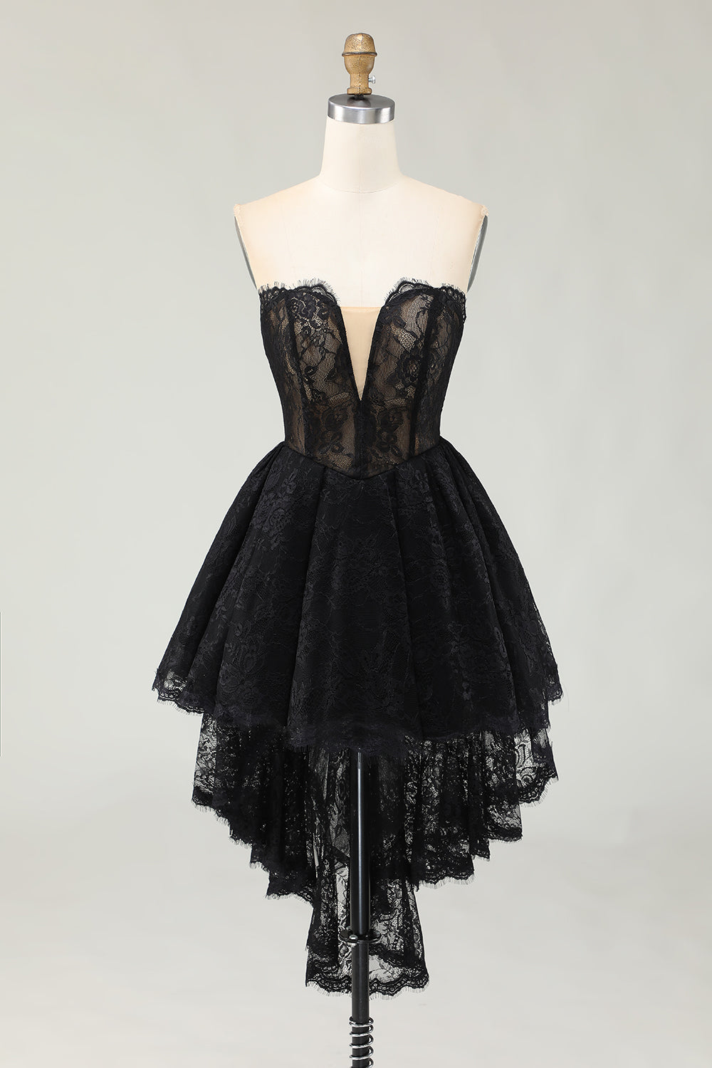Black Lace Sweetheart High-Low Cocktail Homecoming Dress with Ruffles