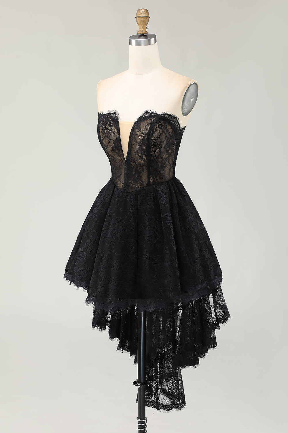 Black Lace Sweetheart High-Low Cocktail Homecoming Dress with Ruffles