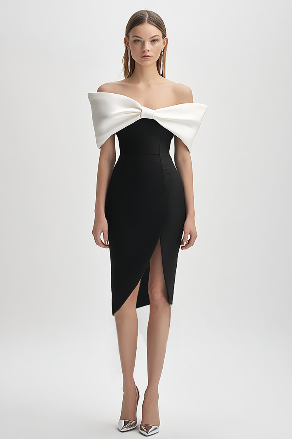 Black and White Strapless Bodycon Short Cocktail Dress with Bow