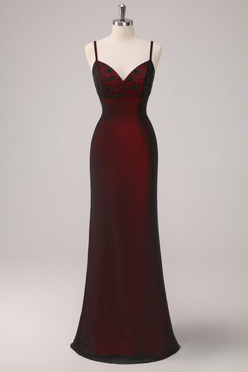 Black Red Sheath Spaghetti Straps Long Formal Dress with Beading